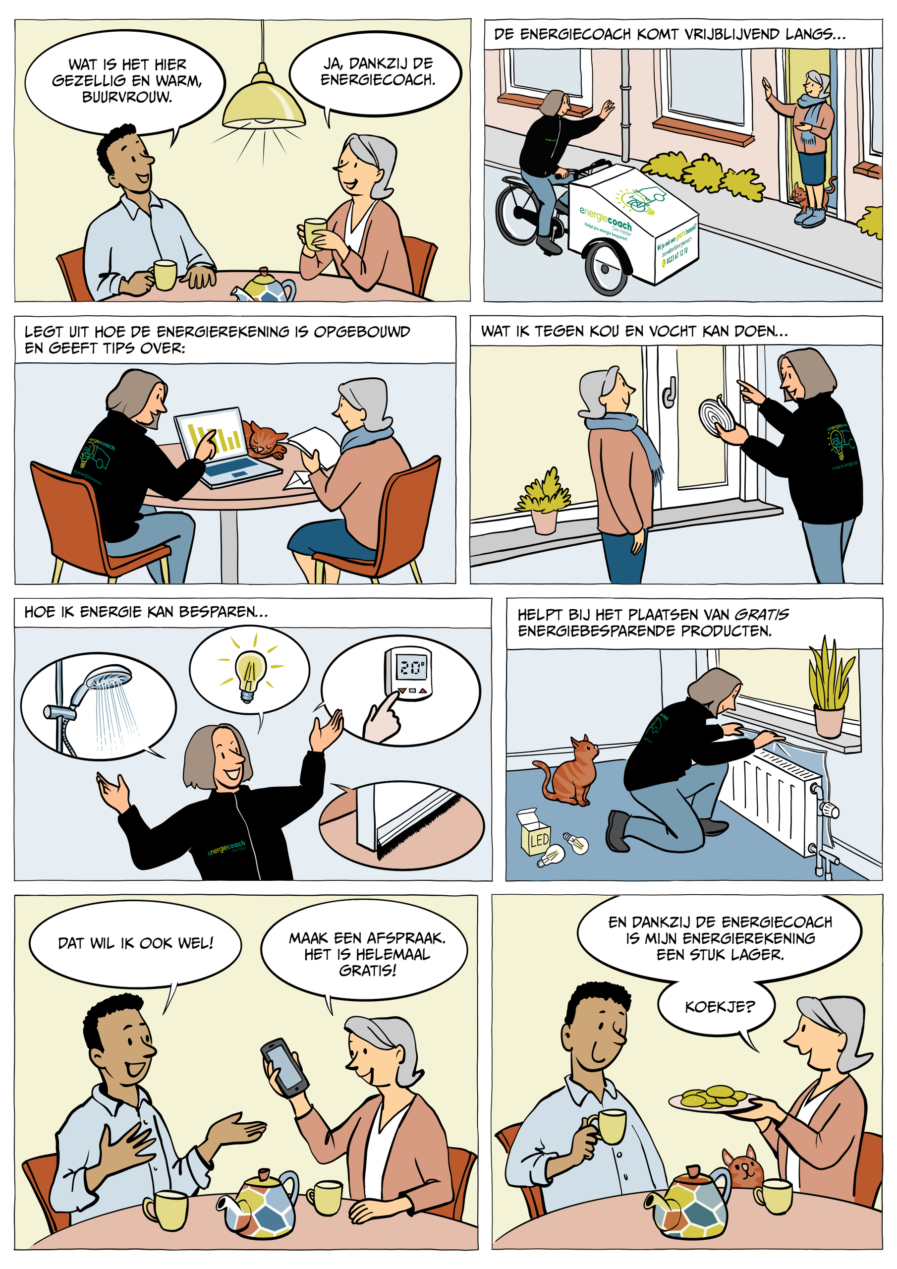 Cartoon: Twee personen praten aan keukentafel over de energiecoach