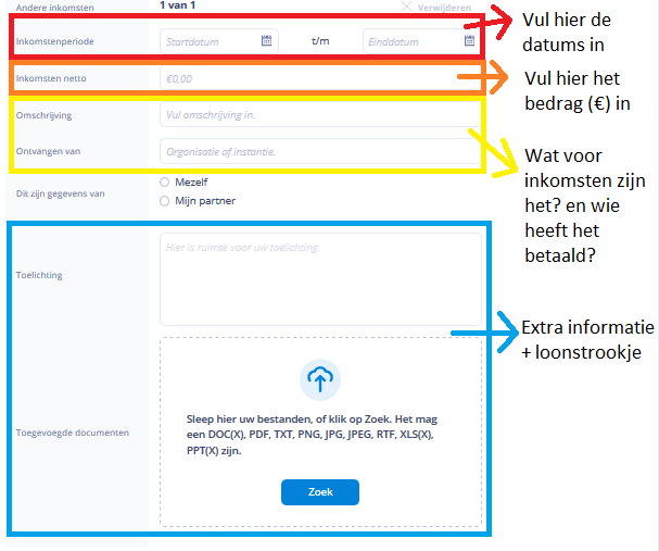 Voorbeeldscherm keuze andere inkomsten