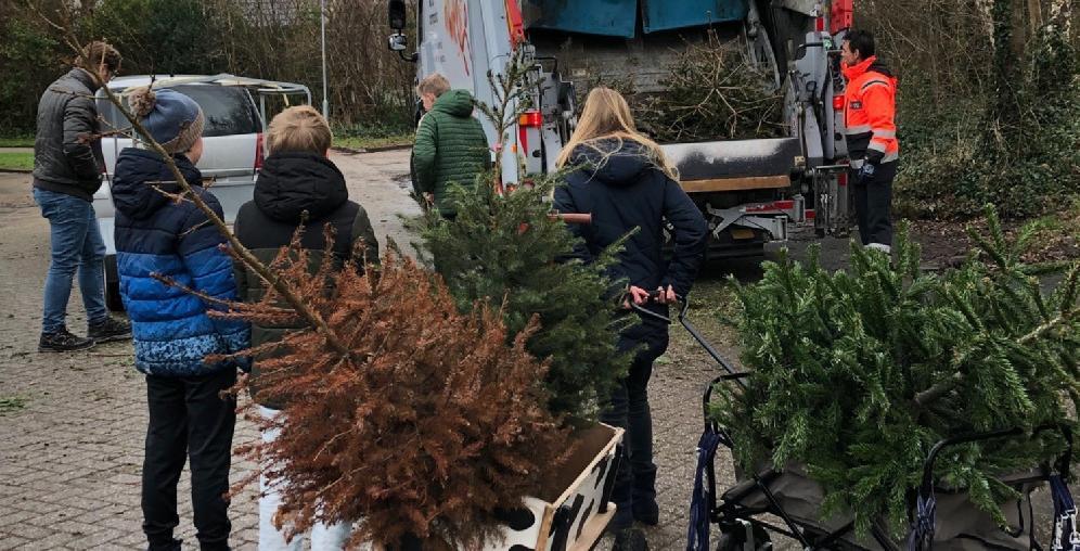 Kinderen slepen kerstbomen